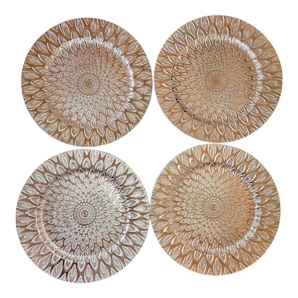 NEW Rose Gold Embossed Peacock Design Charger Plates 13" Diameter (Set of 4)
